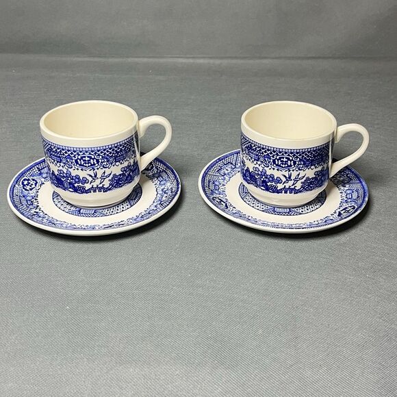 Churchill Staffordshire England Blue Willow Porcelain Tea Cup and Saucer Set - Picture 1 of 16